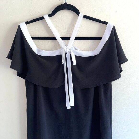 Vince Camuto Off Shoulders Black Top Womens Size M White Bow Halter Neck Flutter - Picture 3 of 8